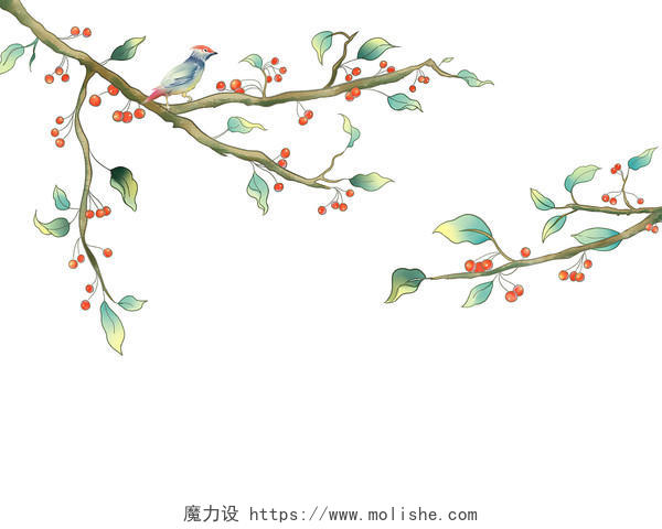 彩色手绘卡通古风樱桃手绘车厘子树枝元素PNG素材